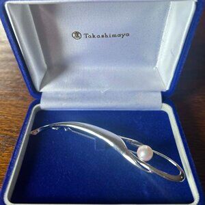 Takashimaya Sterling Silver Pearl Brooch Modern Wave Design in Original Box